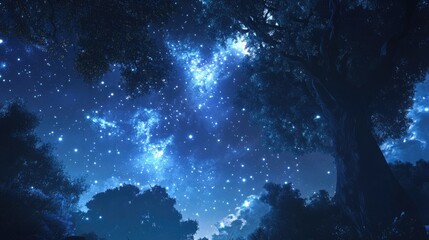 Obraz premium Majestic Night Sky with Twinkling Stars and Tree Silhouette in Foreground