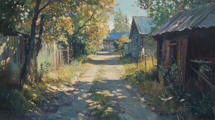 Charming rural alleyway with rustic buildings and vibrant autumn foliage in a picturesque village setting