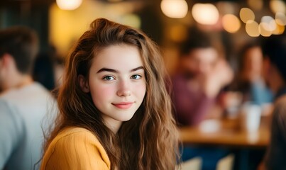 Fototapeta premium A nice teenager hanging out with popular people in a stylish cafe. Generative AI 