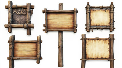 Naklejka premium Sign boards from bamboo frames, wooden planks and paper. Game menu banners of wood signboards with hanging blank papyrus and panels on post, vector cartoon set