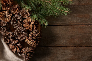Pine cones and fir branches on wooden background