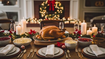 Festive Holiday Feast with Roast Turkey and Elegant Table Setting