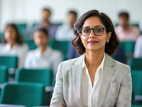 Indian female professor in lecture hall with students, promoting higher education