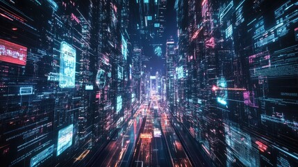 Obraz premium Digital data flow hologram in a futuristic cityscape showcasing technology and programming innovation in Bangkok at night.