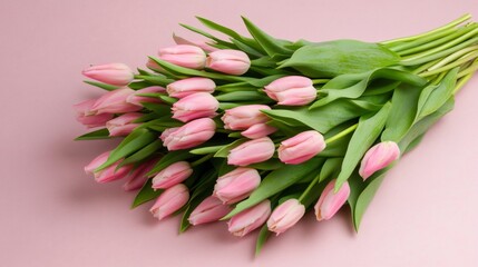 Bouquet of pink tulips lying on a pastel pink surface