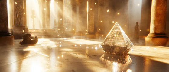 Golden Crystal Pyramid in Ancient Temple: 3D Rendering