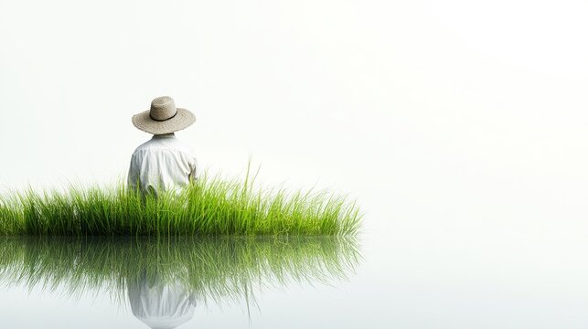 Serene Reflection of a Farmer in a Tranquil Landscape Surrounded by Lush Green Grass and Calm Waters Capturing the Essence of Rural Agriculture and Nature's Beauty