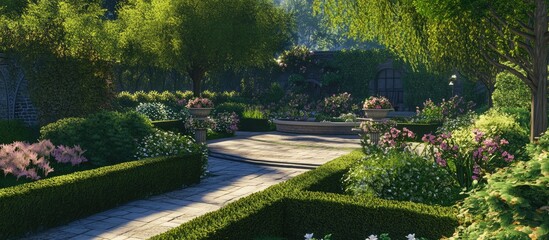 Fototapeta premium Serene garden setting showcasing vibrant flowers and pristine hedges ideal for relaxation and creative inspiration in nature's beauty