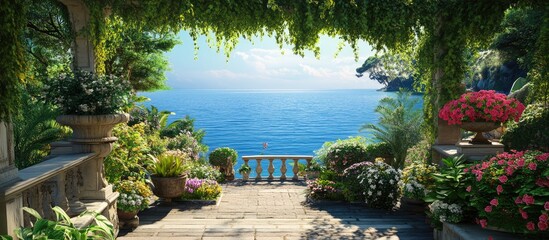Fototapeta premium Scenic coastal garden terrace with lush greenery overlooking tranquil ocean waters and vibrant flowers in a picturesque seaside landscape