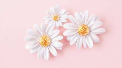 Three white daisies with golden centers resting on pink background