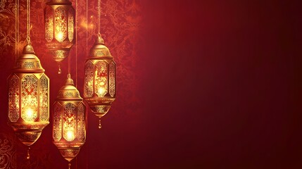 Golden Lanterns Hanging Against Red Ornate Background