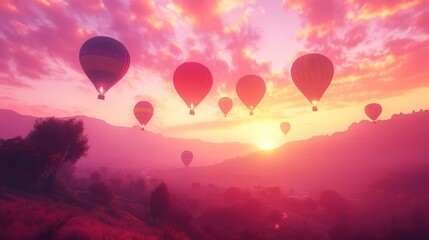 Colorful hot air balloons soar over a majestic sunset landscape.