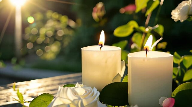 Memorial Candles with Flowers in Peaceful Garden