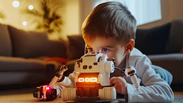 A young boy intently interacting with a small robot in a cozy, warmly lit living room, capturing the essence of curiosity and modern technology