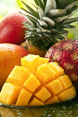 Vibrant assortment of tropical fruits featuring a fresh mango slice, paired with pineapple and ripe mangoes, Ideal for health, culinary, or summer-themed projects and promotions,