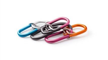 A Colorful Arrangement of Metal Carabiners with a Unique Knot Design, Perfect for Outdoor Adventures and Climbing Activities - Isolated on White Background