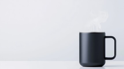Black ceramic coffee mug with steam rising, placed on a clean white surface, creating a minimalistic and modern aesthetic ideal for coffee-themed projects and articles.