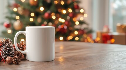 Cozy Mug with Pinecones in Front of Christmas Tree Decorations