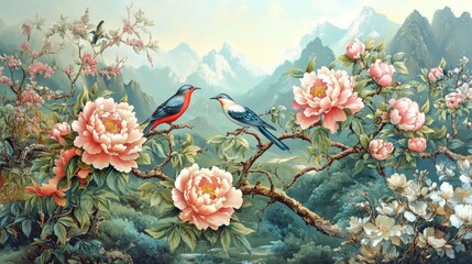 87.An elaborate chinoiserie mural showcasing lush peonies in full bloom with graceful birds perched on twisted branches, all illustrated in a delicate, intricate style. The mural captures the essence