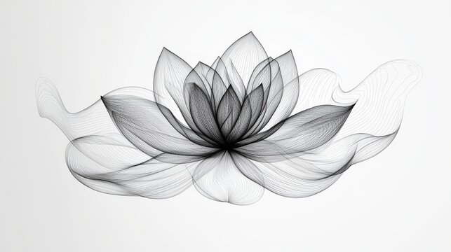 37.An elegant black-and-white lotus flower line illustration with detailed, organic shapes. Each petal is drawn with fine, flowing lines that form a serene and balanced composition, making it perfect
