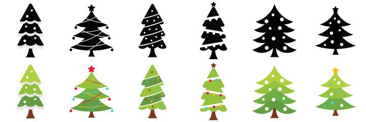 Various Christmas tree silhouettes. Pine Trees vector trees set. Tree icons set in a modern flat style. Vector silhouette graphic trees element .New year symbols, xmas decorative trees doodle style.
