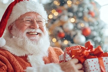 Cheerful Santa Claus in Red Suit with Christmas Gifts and Tree