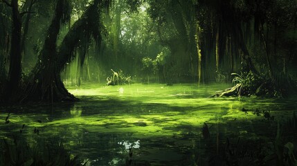 Obraz premium Lush green swamp scene with dense vegetation and reflective water surface in a tranquil forest setting