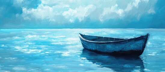 Obraz premium Serene sea blue boat gently floating on calm waters under a tranquil sky with soft clouds and reflections.