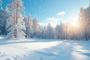 Snowy Winter Landscape with Sunlight and Snowing Trees