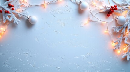 Festive Winter Background with Christmas Ornaments and Lights