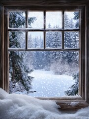 Winter Wonderland Viewed Through A Rustic Wooden Window