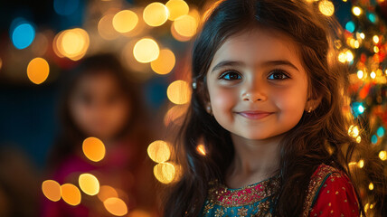 Young girl smiling amidst colorful festive lights at an evening celebration. 