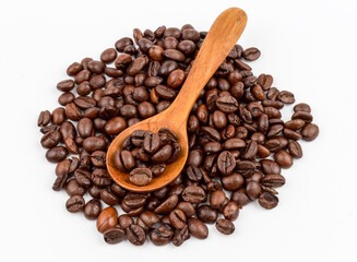 roasted coffee beans on white background. select focus