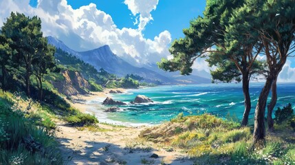 Obraz premium Scenic coastal view with lush greenery and rocky shoreline under a bright blue sky and fluffy clouds