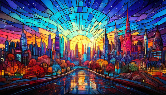 Vidriera de colores de inspiraci&oacute;n futurista y paisaje urbano, AF