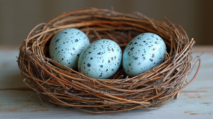 Three speckled robin's eggs in a bird nest.
