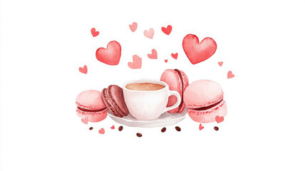 Delightful watercolor illustration of cup and macarons with hearts