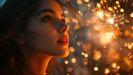 Young woman enjoying a sparkler during a festive night celebration. 