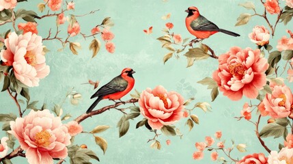 88.A richly detailed chinoiserie mural design, featuring cascading peonies intertwined with slender branches, while small, elegant birds are perched throughout. The soft background provides a subtle