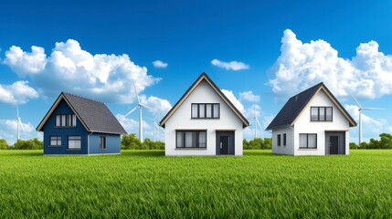 Three modern houses stand in a lush green field under a bright blue sky with fluffy clouds, showcasing contemporary architecture and a serene landscape.