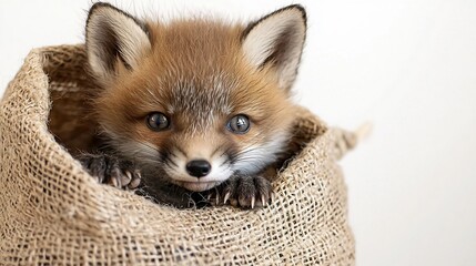 Obraz premium Playful Baby Fox Resting Inside Rustic Pouch with Expressive Eyes in Clean White Environment