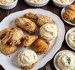 A platter of fried chicken and mashed potatoes with side servings in bowls.