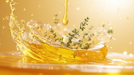 Honey splash with thyme leaves close-up photography bright background natural ingredients culinary concept