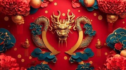 Obraz premium Chinese new year 2025 Zodiac sign with gold paper cut art and craft style on color background Chinese Translation happy new year