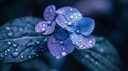 A single blue hydrangea blossom with droplets of water, macro shot, Botanical style