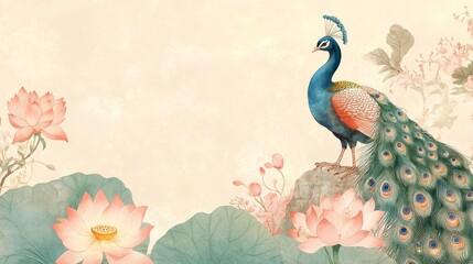 Obraz premium 93.A soft pastel-colored frame with Indian-art motifs, featuring an elegant lotus flower, a perched peacock, and a blooming marigold plant. The design reflects the simplicity and sophistication of
