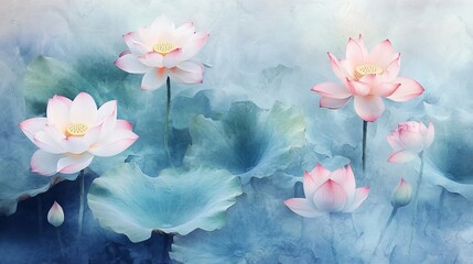 49.A soft, watercolor-inspired painting of lotus flowers with abstract leaves, capturing the essence of nature in a serene and harmonious style. The blossoms are painted with delicate colors,