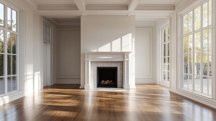 Fototapeta premium Elegant Empty Living Room with Beautiful Fireplace and Natural Light