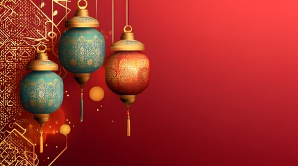 Elegant Ornate Lanterns Hanging Against Red Background