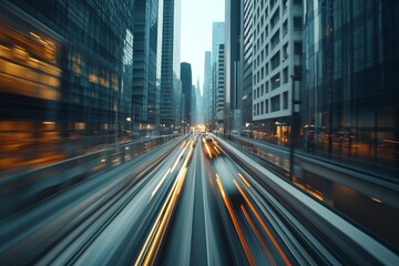 Fototapeta premium Evening traffic rush through a bustling urban cityscape with skyscrapers in motion